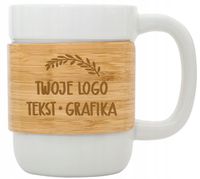 Kubek ceramiczny z bambusową opaską TWOJE LOGO NAPIS gadżet firmowy 5 sztuk