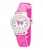 Girls' wrist watch with glitter. Includes exercises for learning the time.