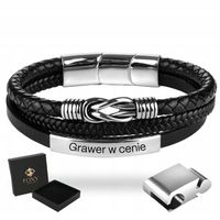 Bransoletka Męska Czarna ze Skóry Srebrna GRAWER Prezent Dla Męża Chłopaka