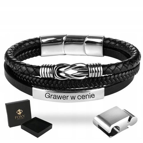 Bransoletka Męska Czarna ze Skóry Srebrna GRAWER Prezent Dla Męża Chłopaka na Arena.pl
