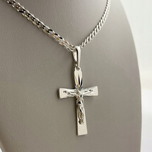 SREBRNY ŁAŃCUSZEK KOMUNIJNY + DUŻY KRZYŻYK JEZUS 925 / DLA CHŁOPCA + GRAWER na Arena.pl