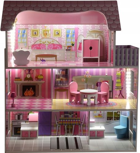 DUŻY DOMEK DLA LALEK DREWNIANY WILLA TARAS + MEBELKI + OŚWIETLENIE LED na Arena.pl