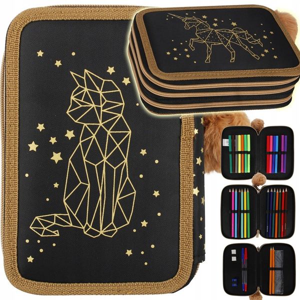 PIÓRNIK TRZYKOMOROWY Z WYPOSAŻENIEM DLA DZIEWCZYNKI ZŁOTY KOTEK JEDNOROŻEC zdjęcie 1