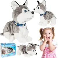 PIES PIESEK INTERAKTYWNY HUSKY REAGUJE NA DOTYK SZCZEKA KŁADZIE SIĘ SIADA