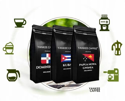 Kawa ziarnista Świeżo Palona Zestaw 3x1kg z różnych krajów Do ekspresu na Arena.pl