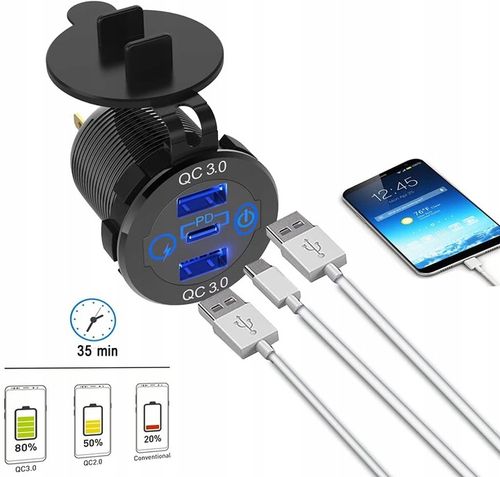 GNIAZDO ŁADOWARKA SAMOCHÓD QC3.0 3xUSB 12V-24V na Arena.pl