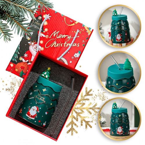 kubek świąteczny - zestaw z silikonową pokrywką i rurką 400ml, zielony na Arena.pl