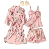 SATYNOWA PIŻAMA DAMSKA KOMPLET 3w1 SZLAFROK KOSZULKA NOCNA HALKA SPODENKI