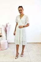 Sukienka z Ażurowym Haftem Kopertowy Dekolt Biała S/M