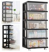 ELEGANCKI CZARNY PRZEZROCZYSTY PLASTIKOWY REGAŁ NA KÓŁKACH SZAFKA SZUFLADY