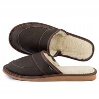 Ciepłe Kapcie Męskie z WEŁNY Pantofle SKÓRZANE Domowe Ciemny Brązowy 40-46