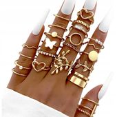 Złoty ZESTAW PIERŚCIONKÓW RETRO PUNK PIĘKNY 24 pierścionki 16-18 mm