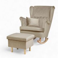 Beżowy Fotel Bujany Uszak + Podnóżek ze schowkiem + Poduszka