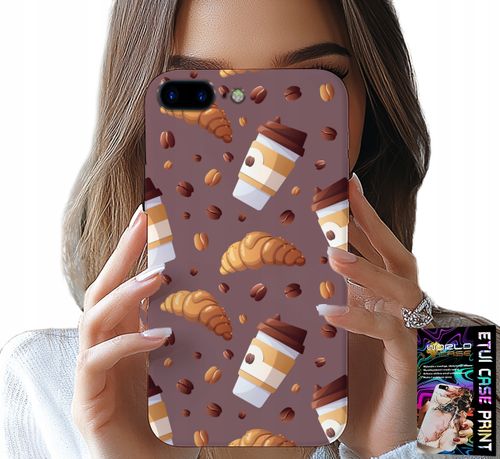 ETUI DO IPHONE ( 7 PLUS ) - CASE Z KAWĄ ROGALIKAMI I ZIARNAMI W TLE na Arena.pl