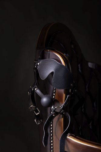 blindfolded head harness with solid ball gag   black na Arena.pl