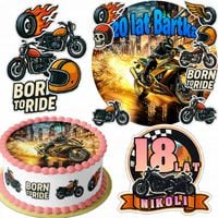 ZESTAW OPŁATEK NA TORT 20CM + 16 POSTACI - MOTOCYKL MOTOR + IMIĘ 15CM 18CM