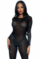 sheer rhinestone catsuit - transparentny kombinezon z kryształkami, m