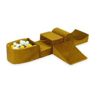 Piankowy plac zabaw z górką i z basenem micro Velvet złoty + 100 piłek (żółte, jasna mięta, metaliczny grafit, białe)