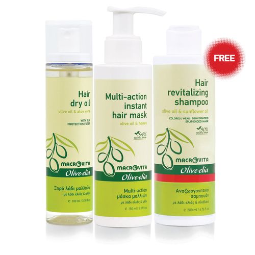Zestaw MACROVITA Olive.elia: suchy olejek do włosów 100ml + maska do włosów 150ml + GRATIS szampon regenerujący 200ml na Arena.pl