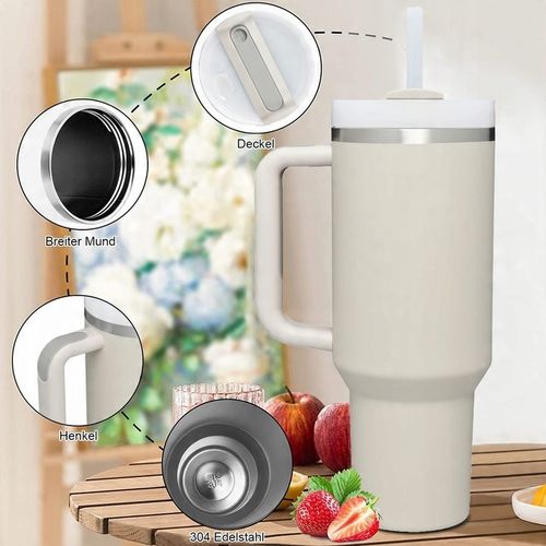 DUŻY KUBEK TERMICZNY ZE SŁOMKĄ DO SAMOCHODU PRZENOŚNY 1180ML BEŻOWY na Arena.pl