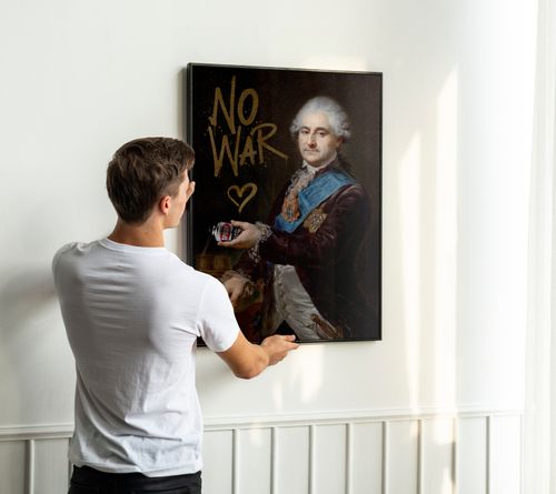 Obraz na płótnie stop war portret pop art 21x30 cm w czarnej ramie na Arena.pl