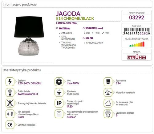 Lampka nocna JAGODA chrome/black 03292 E14 Struhm na Arena.pl