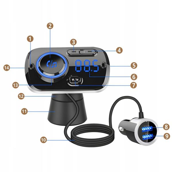 TRANSMITER BLUETOOTH FM SAMOCHODOWY 2X SZYBKA ŁADOWARKA USB-C AUX zdjęcie 14