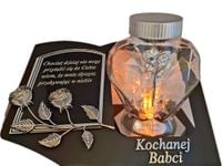 BABCIA BABCI SOLARNY ZNICZ LAMPION NA GRÓB SERCE SZKŁO SREBR SKOS SENTENCJA