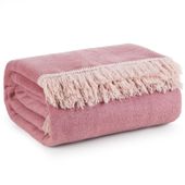 Koc 220X240 cm jasnoróżowy elegancki dwustronny z frędzlami stylowy pled