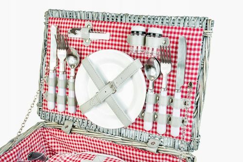 Duży kosz piknikowy z zestawem sztućców talerzy dla 4 osób biała wiklina na Arena.pl