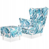 Fotel uszak ARI PRINT z podnóżkiem skandynawski  niebieska