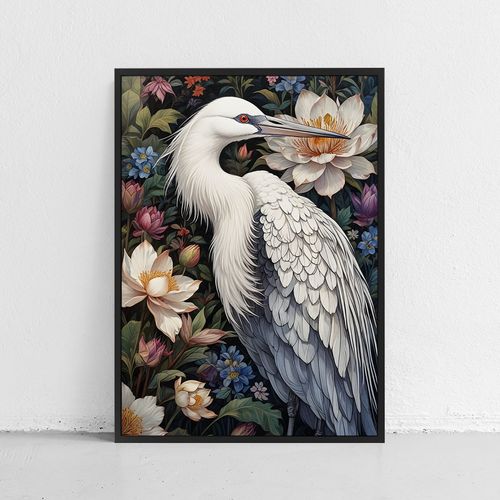 Plakat biały ptak w kwiatach w ramie 21x30 cm w czarnej ramie na Arena.pl