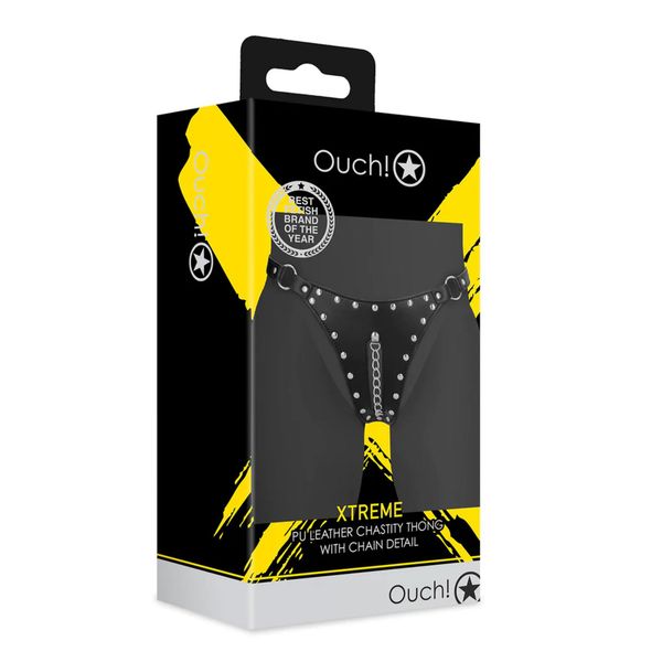 Pu Leather Chastity Thong With Chain Detail - Black zdjęcie 2
