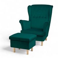 Turkusowy Fotel Uszak + Podnóżek ze schowkiem + Poduszka