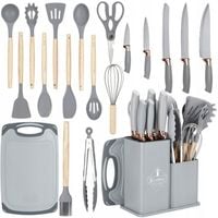 Komplet 5 Noży + Zestaw 12 przyborów kuchennych + deska do krojenia +Stojak