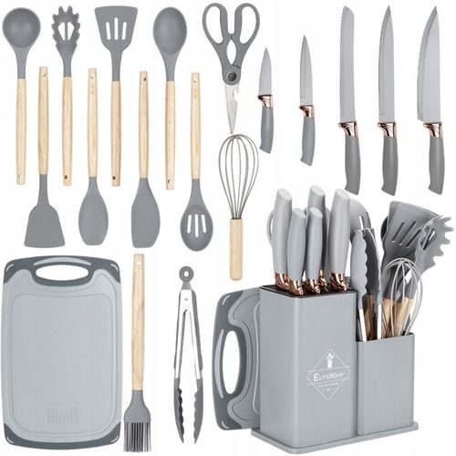 Komplet 5 Noży + Zestaw 12 przyborów kuchennych + deska do krojenia +Stojak na Arena.pl