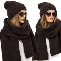 KOMPLET damski CZAPKA + SZALIK ciepły szal z wełną brązowy czekoladowy PL