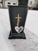 WYSOKA KAPLICZKA CIĘŻKI ZNICZ Z KRZYŻEM I DEDYKACJĄ ZŁOTY SATYNOWY