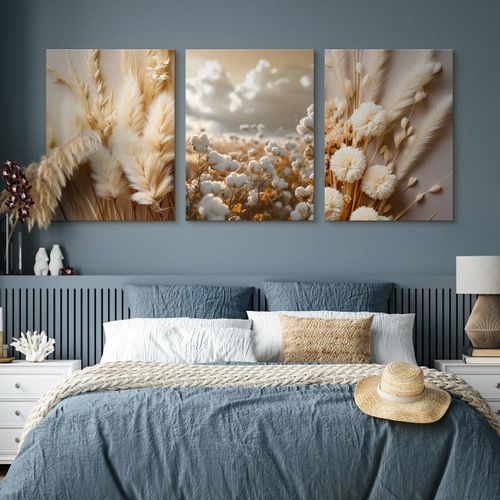 Obrazy Na Płótnie Set Kwiaty Bawełna Trawy Natura Boho Rośliny 90cm x 40cm na Arena.pl