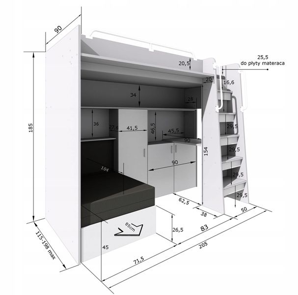 Łóżko piętrowe JSM7 z sofą i biurkiem biały mat zdjęcie 11