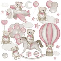 Naklejki Misie Różowe Balony Koń Na Biegunach Chmury Zestaw 60x30cm