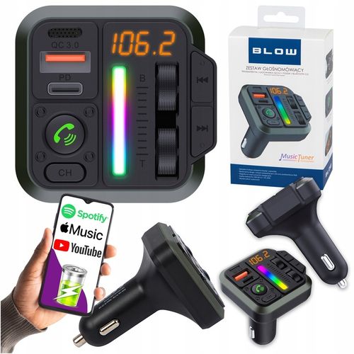 TRANSMITER SAMOCHODOWY BLUETOOTH 5.3 FM RGB ŁADOWARKA PD 20W QC 3.0 USB-C na Arena.pl