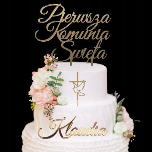 Topper na komunie złoty ZESTAW dekoracji na tort komunijny IMIĘ krzyż napis na Arena.pl