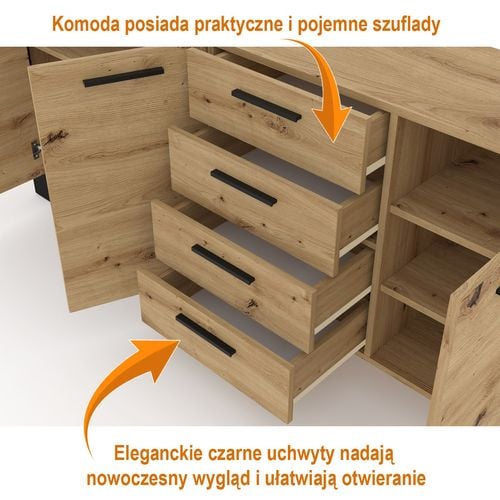 Komoda NUKA K 197 cm 4 szuflady dąb artisan czarna na Arena.pl