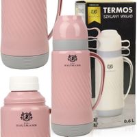 TERMOS ZE SZKLANYM WKŁADEM 0,6L RÓŻOWY SZCZELNY NA KAWĘ HERBATĘ DWA KUBKI