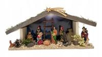 SZOPKA BOŻONARODZENIOWA DREWNIANA Z OŚWIETLENIEM + FIGURY KOLOROWE 10 CM