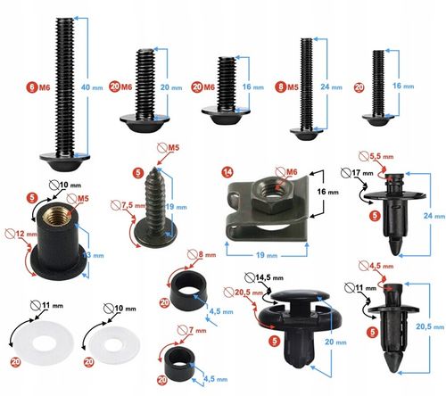 ZESTAW KPL śruby DO OWIEWEK MOTOCYKLOWYCH 193szt czarne alu na Arena.pl