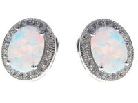 Eleganckie owalne rodowane srebrne kolczyki z opalem i cyrkoniami owal opal cyrkonie srebro 925 V012