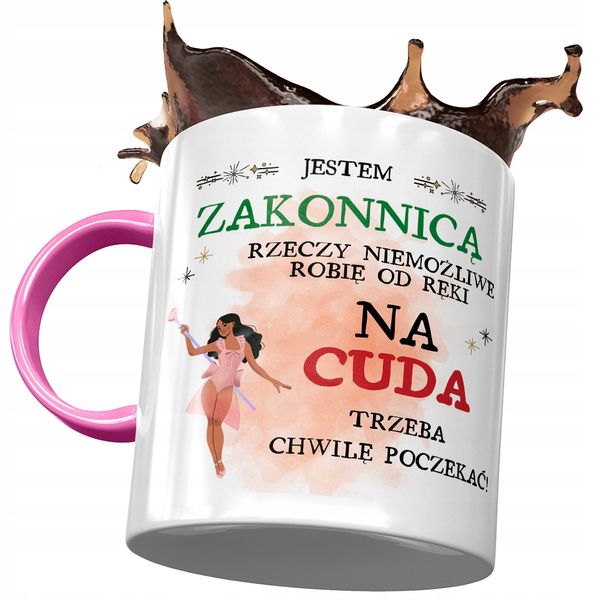 Kubek Różowy Dla Zakonnicy Na Cuda Trzeba Poczekać Z Nadrukiem Ze Zdjęciem zdjęcie 1