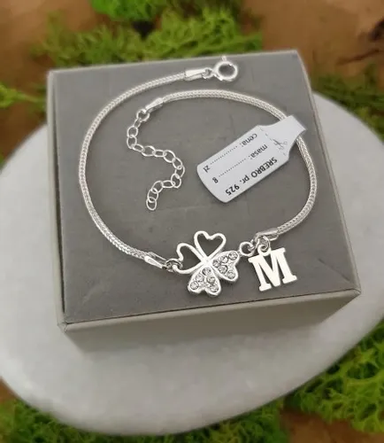 Srebrna bransoletka koniczynka na szczęście LITERKA cyrkonie PUDEŁKO SREBRO na Arena.pl